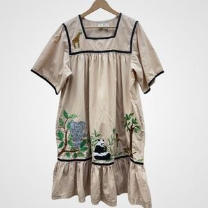 Embroidered Animals Prairie Dress Womens Lg Oversized Beige Ruffle Hem Panda